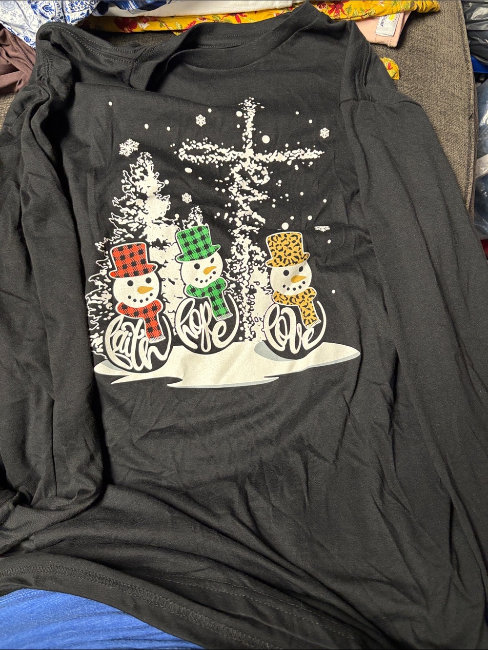 Women's Black Long Sleeve Tee with Holiday Snowman Trio